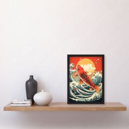 "Artery8 Japan Koi Carp Fish Leaping From The Sea At Sunset Great Wave Off-Goldfish Artwork Art Print Framed Poster Wall Decor - Size: W12"" x H16""" - thumbnail 4