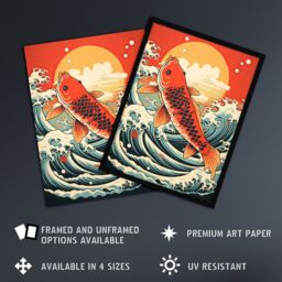 "Artery8 Japan Koi Carp Fish Leaping From The Sea At Sunset Great Wave Off-Goldfish Artwork Art Print Framed Poster Wall Decor - Size: W12"" x H16""" - thumbnail 2