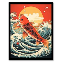 "Artery8 Japan Koi Carp Fish Leaping From The Sea At Sunset Great Wave Off-Goldfish Artwork Art Print Framed Poster Wall Decor - Size: W12"" x H16""" - thumbnail 1