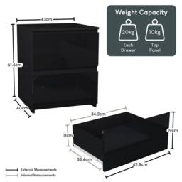 FORGEVIO Modern 2 Drawer Gloss Bedside Chest Storage Cabinet in Black - thumbnail 2