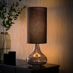 ValueLights Sylvie Black Linen Tall Shade Smoked Glass Squat Table Lamp with Bulb