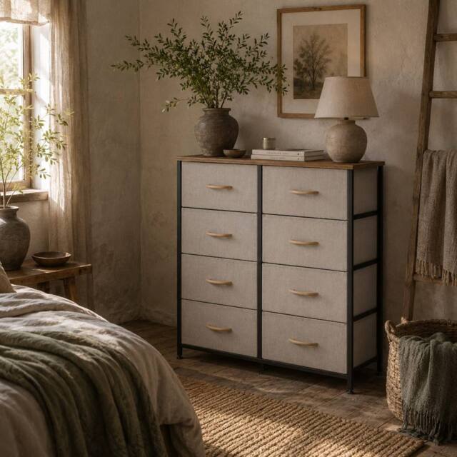 Wyld Haus Neyo 8 Drawer Cream White Fabric Dresser Maple Wood Effect Top - image 1