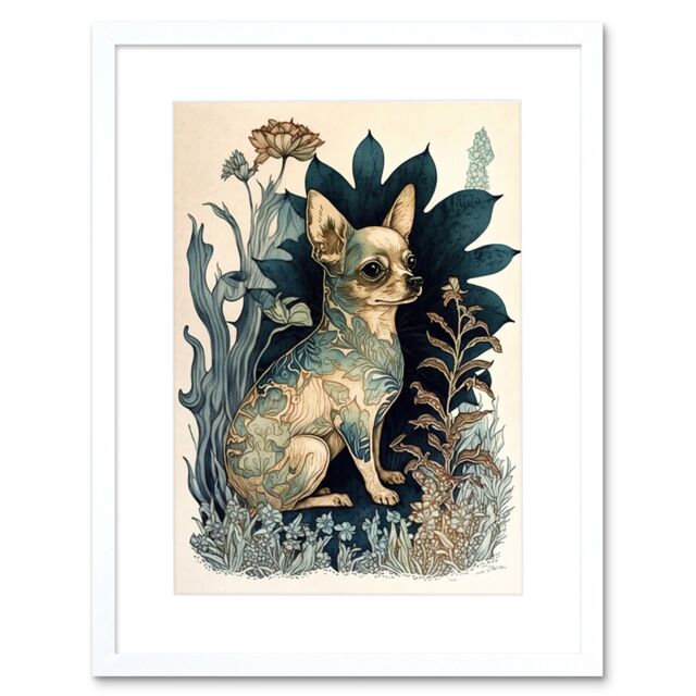 "Artery8 Wall Art Print Chihuahua Dog With Floral Pattern Fur Coat Modern Portrait in Flower Field Artwork Framed 9X7 Inch in White - Size: W7"" x H9""" - image 1