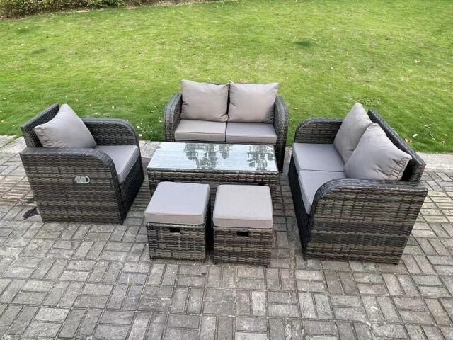 Fimous 7 Seater PE Rattan Garden Furniture Set Reclining Chair Love Sofa 2 Seater Sofa Set Outdoor Coffee Table in Dark Grey - image 1