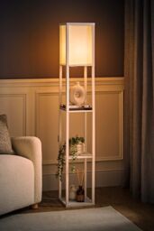 ValueLights Struttura Wooden Shelving Floor Lamp with Fabric Shade & LED Bulb in White