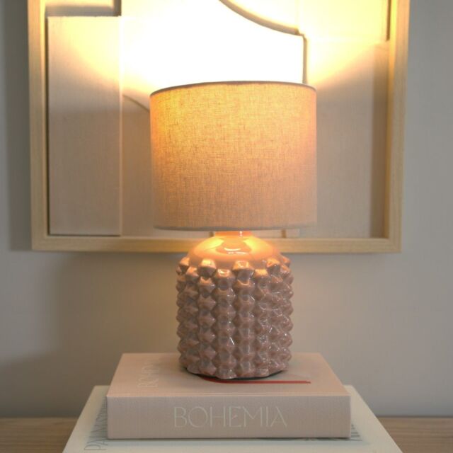 ValueLights Asha Ceramic Pink Geometric Table Lamp with Drum Lamp Shade in Natural - image 1
