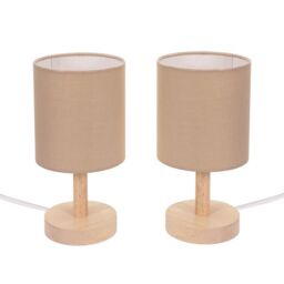 ValueLights Nelly Pair of Wooden Base Bedside Table Lamps with LED Bulbs in Nude - thumbnail 2