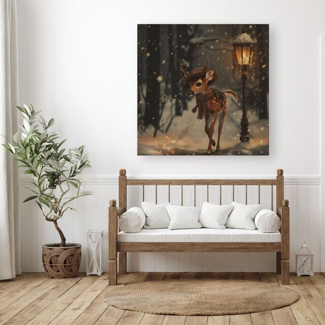 "Warren Reed - Designer Fawn In A Snowy Scene Canvas - Size: W30"" x H30""" - image 1