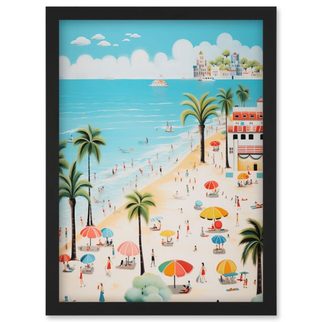 Artery8 Wall Art Print Day at the Beach Summer Holidays Stylised Artwork Pastel Colour Vacation Tourists Coastal Landscape Artwork Framed A4 in Black - image 1