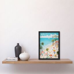 Artery8 Wall Art Print Day at the Beach Summer Holidays Stylised Artwork Pastel Colour Vacation Tourists Coastal Landscape Artwork Framed A4 in Black - thumbnail 2
