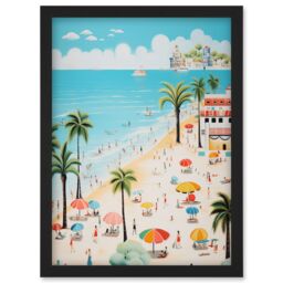 Artery8 Wall Art Print Day at the Beach Summer Holidays Stylised Artwork Pastel Colour Vacation Tourists Coastal Landscape Artwork Framed A4 in Black - thumbnail 1