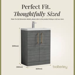 Balterley Bathroom Vanity Basin Unit, Brushed Bronze Handles, 600mm, Wood Grey - thumbnail 5