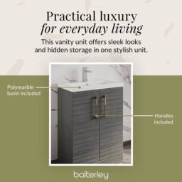 Balterley Bathroom Vanity Basin Unit, Brushed Bronze Handles, 600mm, Wood Grey - thumbnail 7