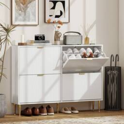 Wyld Haus White Ribbed 4 Drawer Shoe Cabinet Slim Flip Storage - thumbnail 3