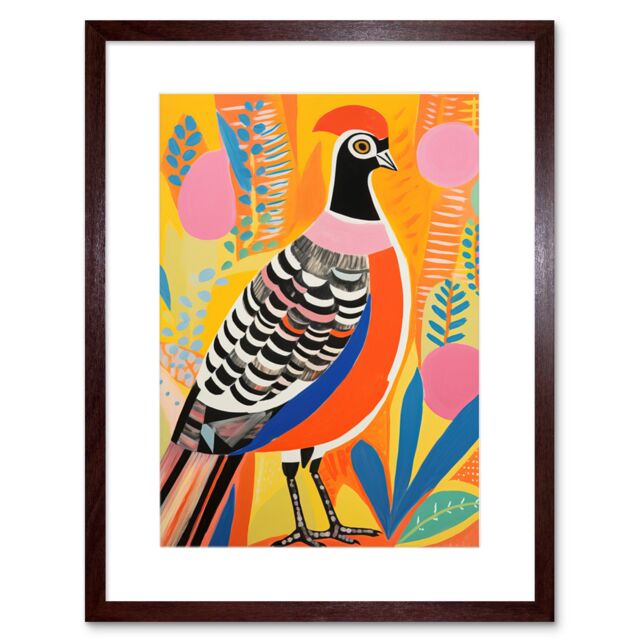 Artery8 Wall Art Print Pleasant Pheasant Bright Bold Vibrant Colourful Grassland Acrylic Painting Artwork Orange Pink Blue Folk Artwork Framed 9X7 - image 1