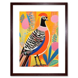 Artery8 Wall Art Print Pleasant Pheasant Bright Bold Vibrant Colourful Grassland Acrylic Painting Artwork Orange Pink Blue Folk Artwork Framed 9X7 - thumbnail 1