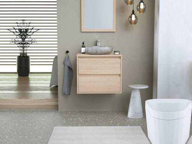Vente-unique Bathroom Unit With Stone Countertop Basin & Mirror - Oak Veneer - 60 in Light Oak - image 1