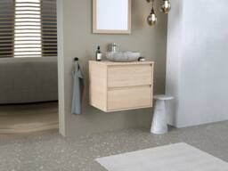 Vente-unique Bathroom Unit With Stone Countertop Basin & Mirror - Oak Veneer - 60 in Light Oak - thumbnail 5