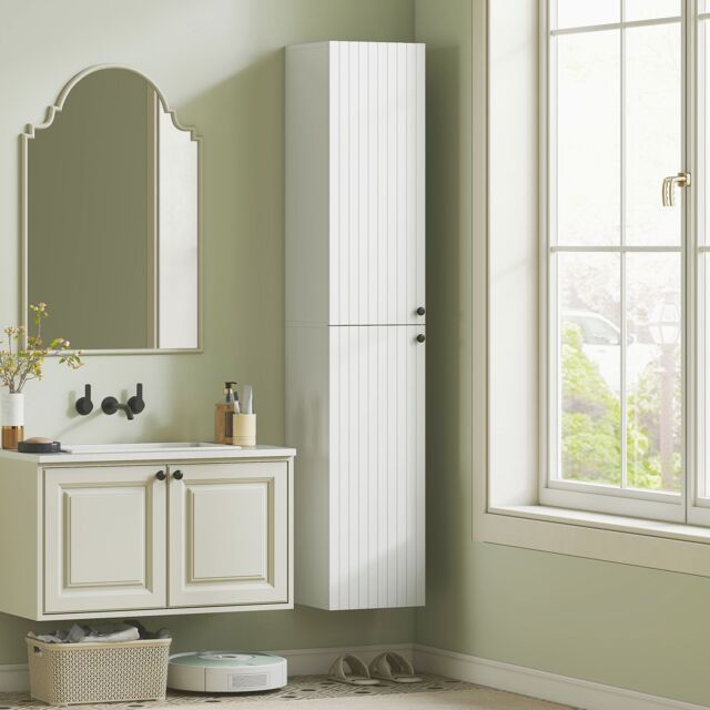HOMCOM Wall Mounted Slim Bathroom Storage Cabinet with 6-Tier Shelf White - image 1