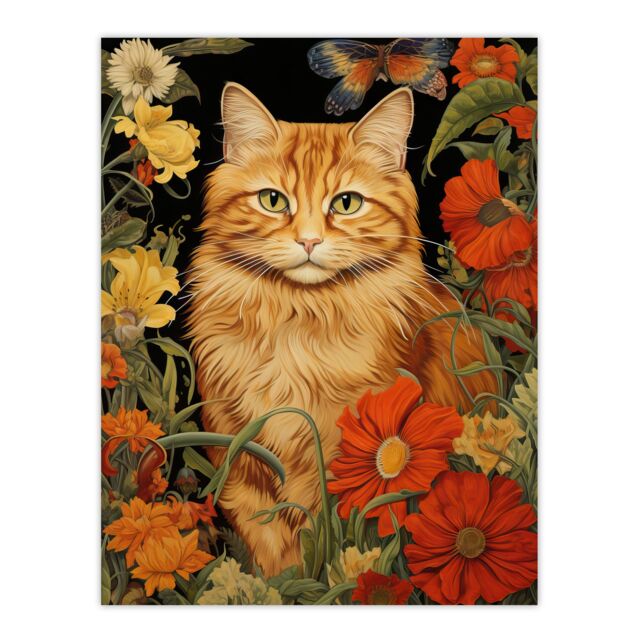 Artery8 Wall Art Print Ginger Tabby Cat Floral Painting Orange Red Spring Flower Blooms Detailed Retro Style Low-Key Animal Portrait Poster - image 1