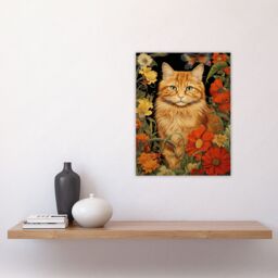 Artery8 Wall Art Print Ginger Tabby Cat Floral Painting Orange Red Spring Flower Blooms Detailed Retro Style Low-Key Animal Portrait Poster - thumbnail 4
