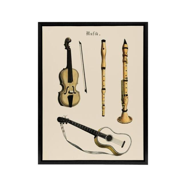 "Artery8 Violin Guitar & Flutes Musical Vintage Black Framed Canvas Wall Art in Beige - Size: W12"" x H16""" - image 1