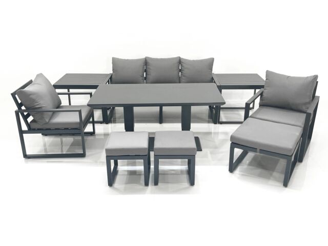 Fimous 8 Seater Aluminium Outdoor Garden Furniture Set w/ Adjustable Rising Lifting Dining Table 3 Seater Sofa 2 Chair 3 Footstool 2 Side Tables Dark - image 1