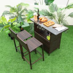 Costway 3 Piece Patio Wicker Garden Bar Set Rattan Bar Height Table Chair Set w/ Stemware Racks in Brown - thumbnail 6