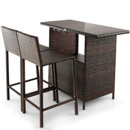Costway 3 Piece Patio Wicker Garden Bar Set Rattan Bar Height Table Chair Set w/ Stemware Racks in Brown - thumbnail 4