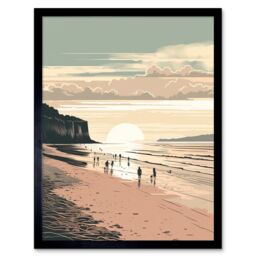 "Artery8 Wall Art Print Dog Walks on the Beach Sunset Coastal Landscape Art Framed in Black - Size: W12"" x H16""" - thumbnail 1