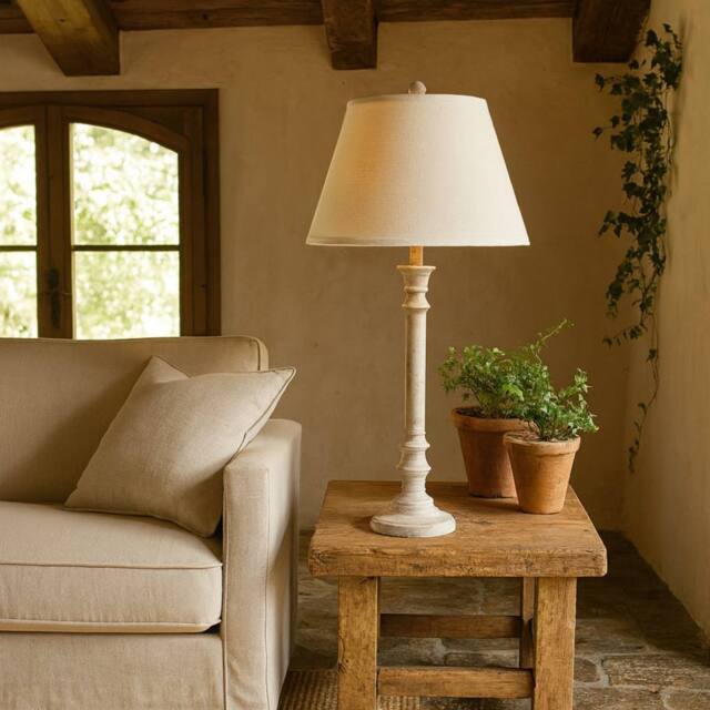 Wyld Haus Collonges Slim Pillar Wooden Table Lamp with Cream Linen Shade in White - image 1