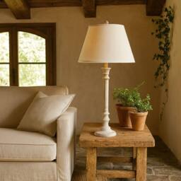 Wyld Haus Collonges Slim Pillar Wooden Table Lamp with Cream Linen Shade in White