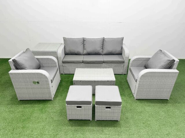Fimous PE Rattan Garden Furniture Set Reclining Chair Sofa Lounge Sofa Set Oblong Coffee Table Side Table 2 Small Stools Light Grey - image 1