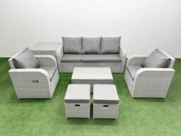 Fimous PE Rattan Garden Furniture Set Reclining Chair Sofa Lounge Sofa Set Oblong Coffee Table Side Table 2 Small Stools Light Grey - thumbnail 1