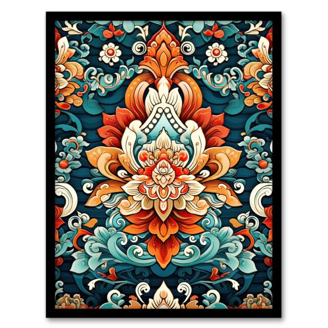Artery8 Wall Art Print Hindu Floral Pattern Close Up Detail Ornate Design in Amber & Blue Artwork Framed - Size: A4 - image 1