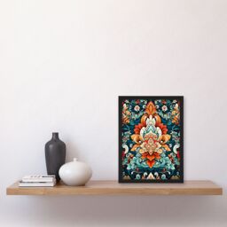 Artery8 Wall Art Print Hindu Floral Pattern Close Up Detail Ornate Design in Amber & Blue Artwork Framed - Size: A4 - thumbnail 4