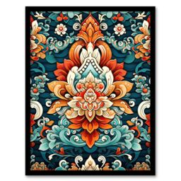 Artery8 Wall Art Print Hindu Floral Pattern Close Up Detail Ornate Design in Amber & Blue Artwork Framed - Size: A4 - thumbnail 1