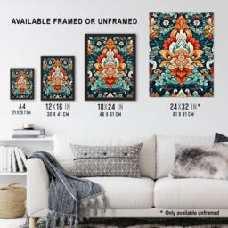 Artery8 Wall Art Print Hindu Floral Pattern Close Up Detail Ornate Design in Amber & Blue Artwork Framed - Size: A4 - thumbnail 3