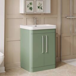 Balterley Wave 600mm Floor Standing 2 Door with Basin & 1 Tap Hole - Satin Green - thumbnail 4