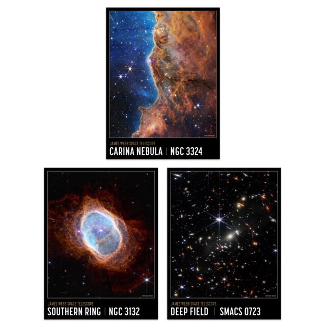 Artery8 Wall Art Print Pack of 3 NASA James Webb Images Cosmic Cliffs Carina Nebula Southern Ring Nebula Deep Field Large Poster Set - image 1
