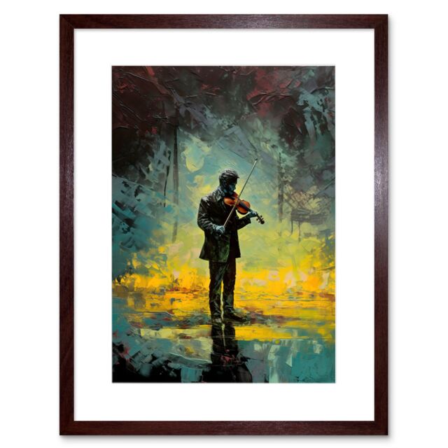 "Artery8 Wall Art Print Street Musician Playing Violin After the Rain Artwork Framed 9X7 Inch in Brown - Size: W7"" x H9""" - image 1