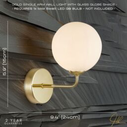 Happy Homewares Contemporary Chic Light Fitting with Opal White Globe Glass Shade in Gold - thumbnail 6