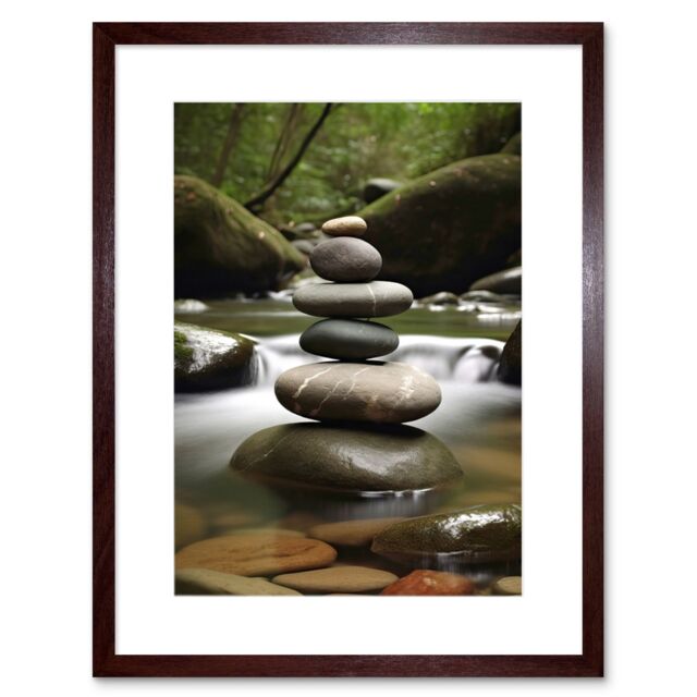 "Artery8 Wall Art Print Zen Massage Stone Photograph Waterfall River Nature Beauty Salon Therapy Room Artwork Framed 9X7 Inch - Size: W7"" x H9""" - image 1