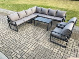 Fimous Aluminium Patio Outdoor Garden Furniture Lounge Corner Sofa Set with Oblong Coffee Table 2 Chairs Dark Grey - thumbnail 1