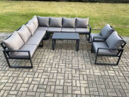Fimous Aluminium Patio Outdoor Garden Furniture Lounge Corner Sofa Set with Oblong Coffee Table 2 Chairs Dark Grey - thumbnail 2