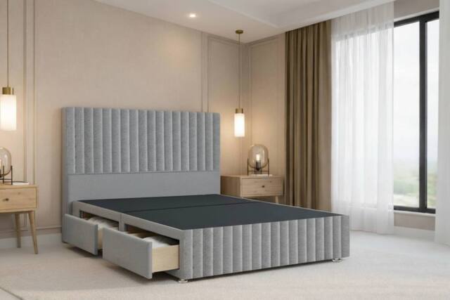 "Nexus Mattresses Ltd Verona Plush Divan Bed Base 4 Drawers - 12"" Footboard & 54"" Headboard in Silver - Size: Small Double" - image 1