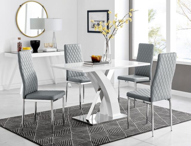 FurnitureboxUK Atlanta White High Gloss & Chrome 4 Seater Dining Table with X Shaped Legs & 4 Faux Leather Milan Chairs in Grey - image 1