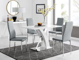 FurnitureboxUK Atlanta White High Gloss & Chrome 4 Seater Dining Table with X Shaped Legs & 4 Faux Leather Milan Chairs in Grey