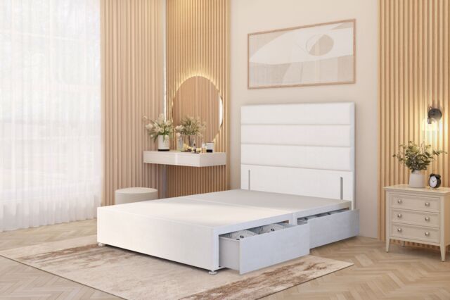 Somnior Chambery Divan Bed Frame 2 Draw with Floor Standing Headboard Velvet in White - Size: Double - image 1
