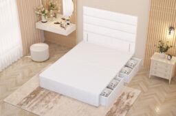 Somnior Chambery Divan Bed Frame 2 Draw with Floor Standing Headboard Velvet in White - Size: Double - thumbnail 3